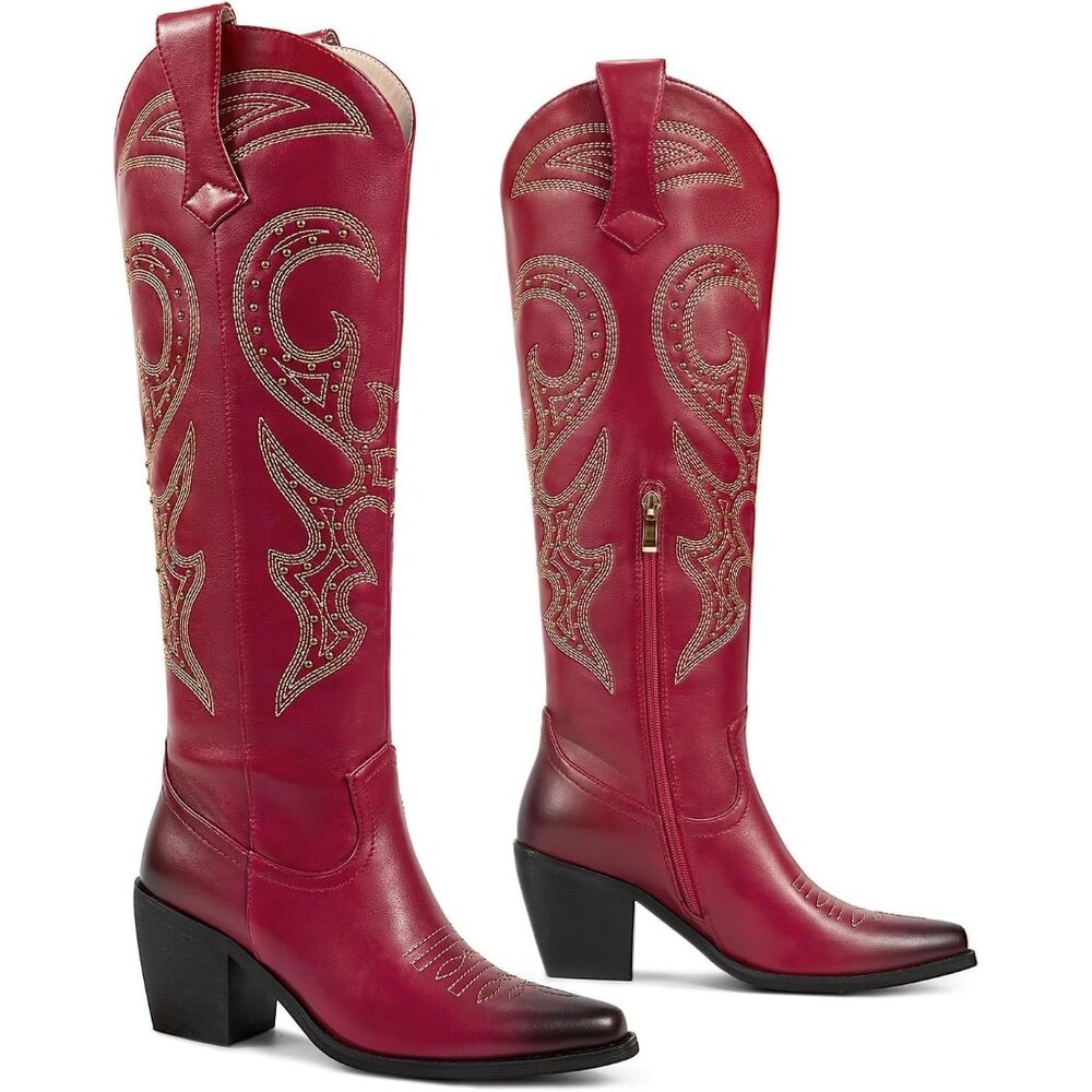 Wetkiss Red Cowboy Boots Women Knee High Rhinestone Western Tall Fashion Shoes - Picture 4 of 6